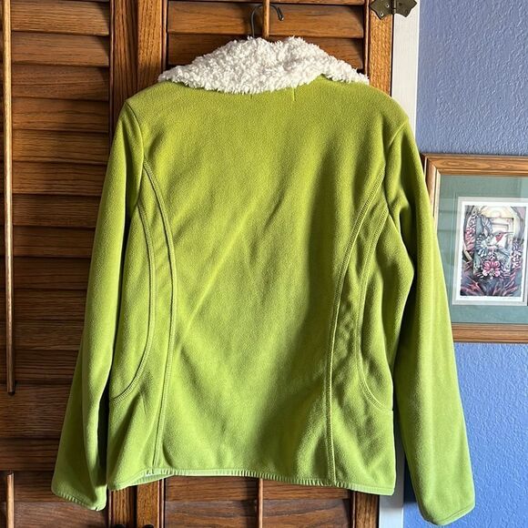 Upcycled Faux Fur Collar Zip Front Lime Green Fleece Sweater Jacket XL - Picture 2 of 13